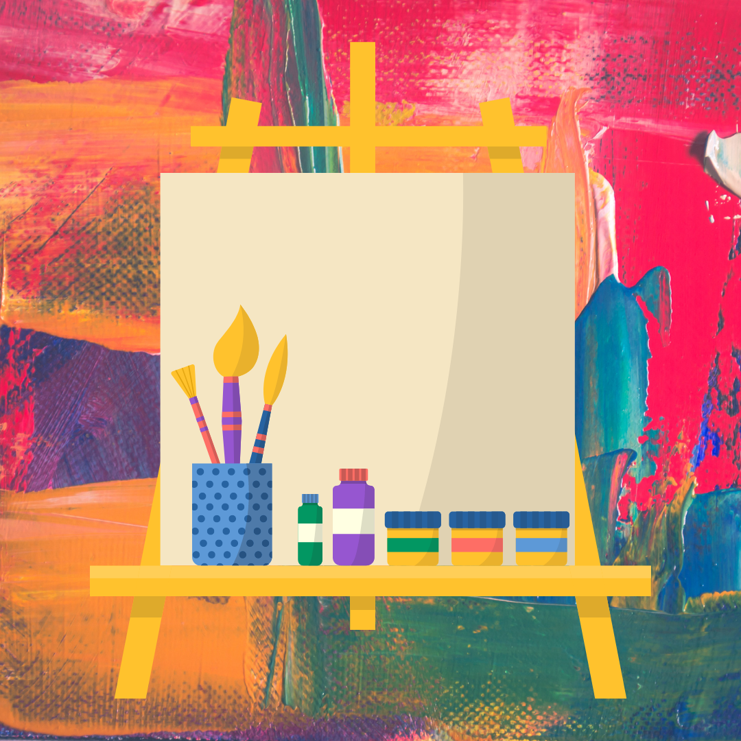Illustration of a canvas and easel on top of a multi-colored paint background.