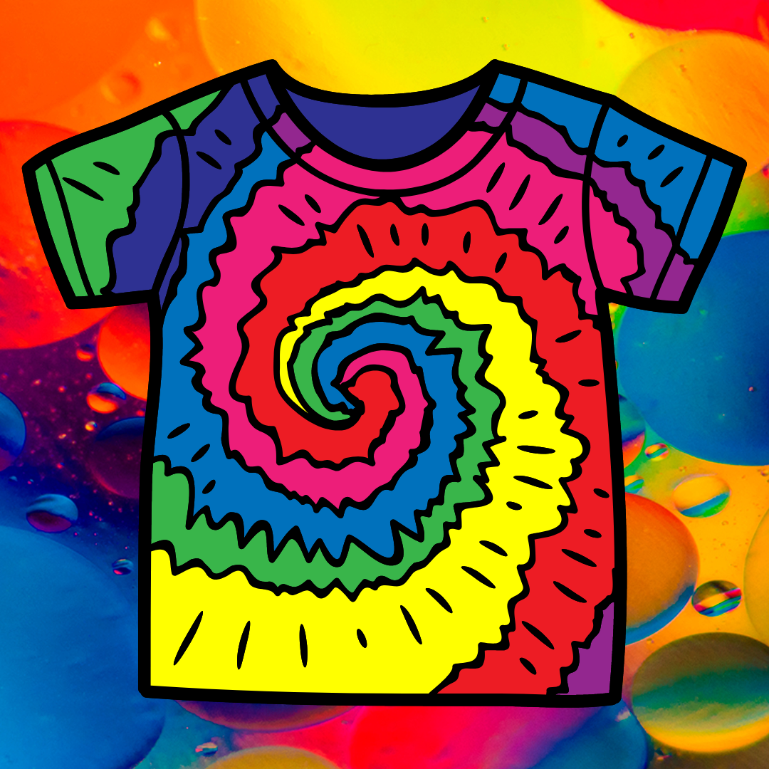 Illustration of a t-shirt on a multi-colored background.