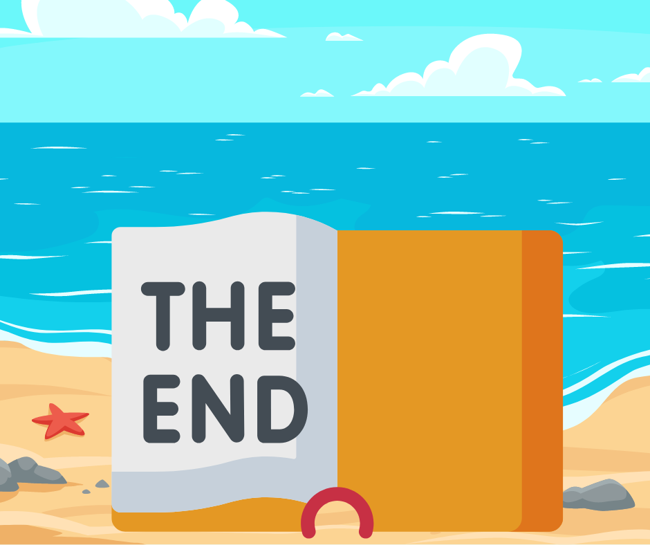 Illustration of a book flipped to the back page that has the words The End on it.  The book is sitting on a beach.