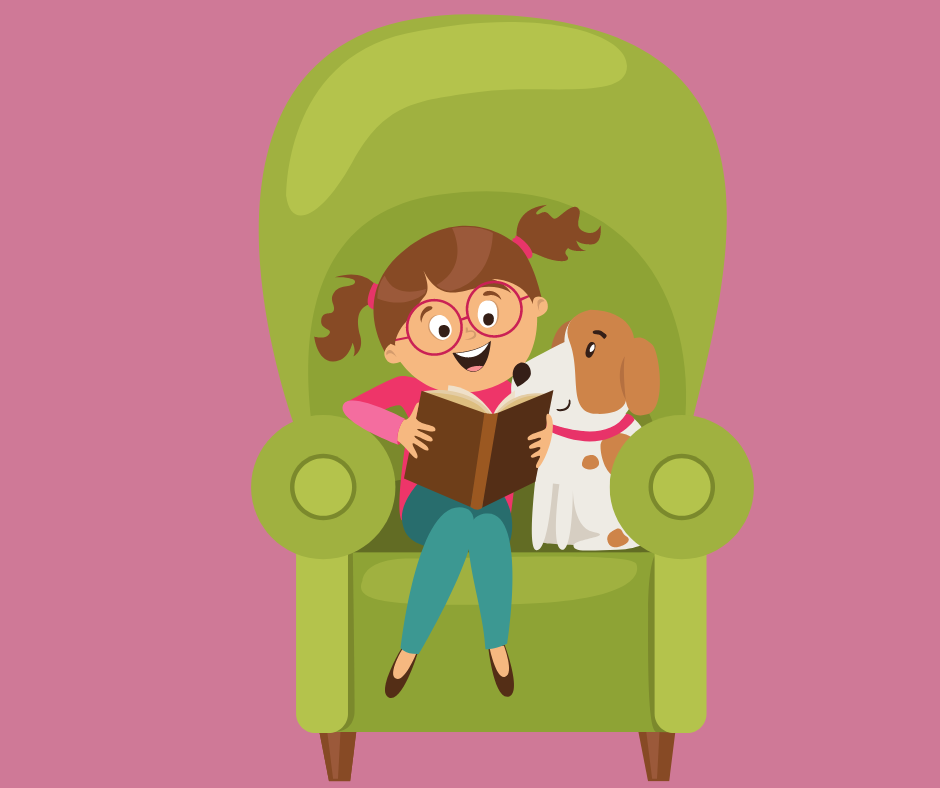 Illustration of a girl sitting in a green chair showing a book to a small brown and white dog.