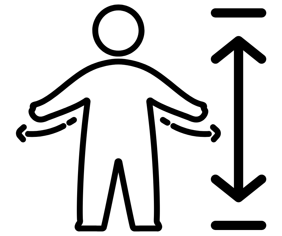 Line drawing of a person holding their arms to the sides and arrows indicating height and arm span.