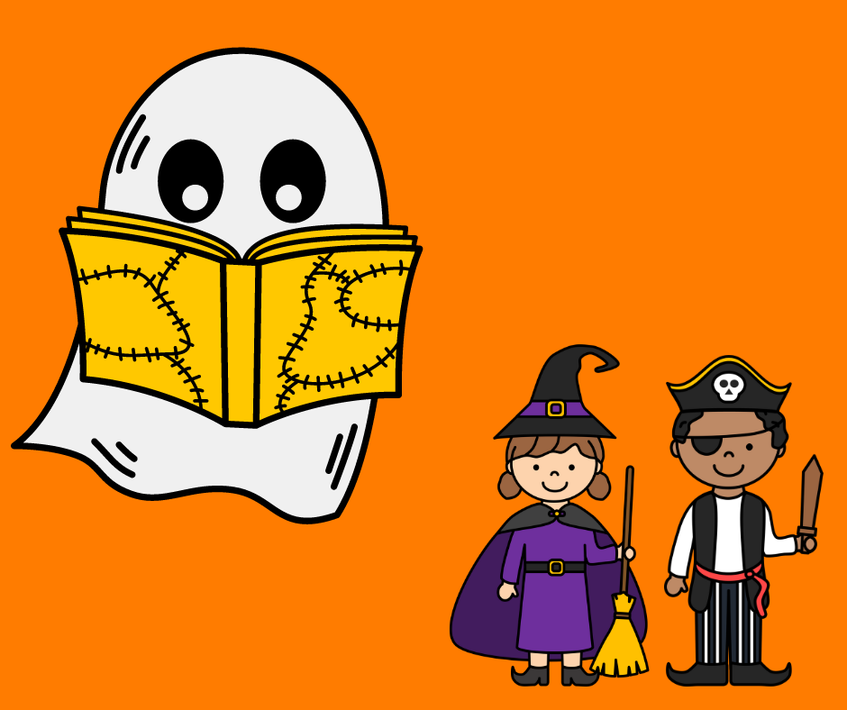 Illustration of a ghost reading a book and two kids in Halloween costumes.
