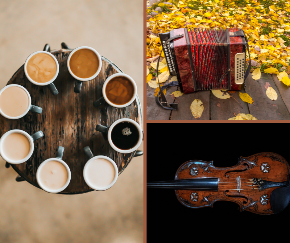 3 Photos.  Photo 1 has 8 coffee cups with coffee in a circle with varying degrees of cream.  Picture 2 has an accordion and leaves.  Picture 3 has a fiddle.