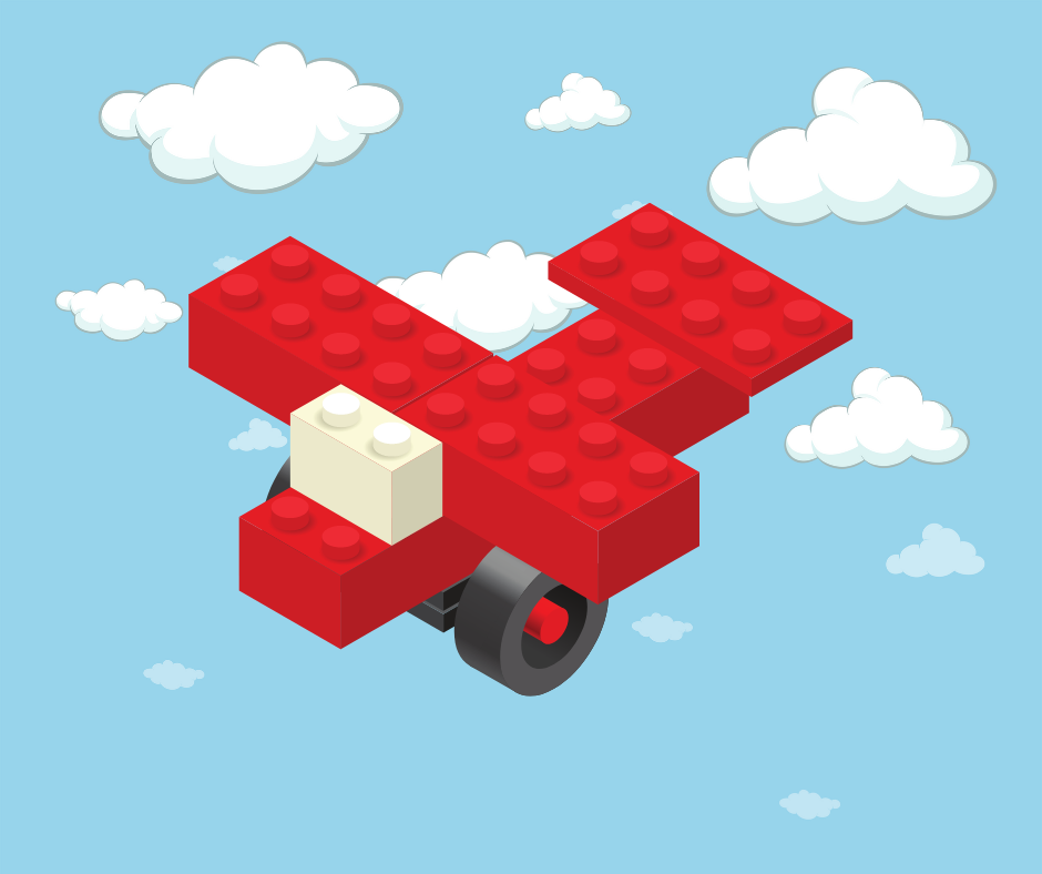 Illustration of a Lego plane on a cloudy sky background.
