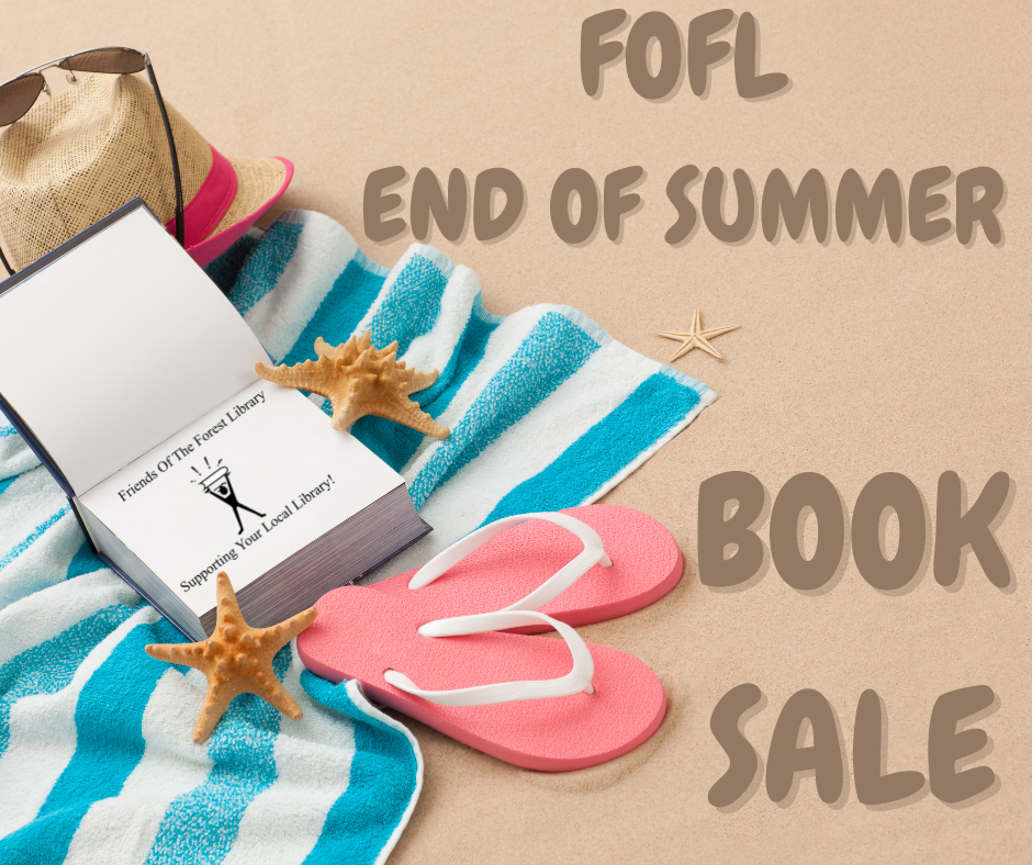 Sand, beach towel, flip flops, hat, sunglasses, starfish, an open book with the FOFL Logo and the words "FOFL End of Summer Book Sale"