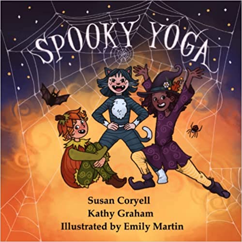 Picture of the cover of the children's book Spooky Yoga featuring children in Halloween costumes.