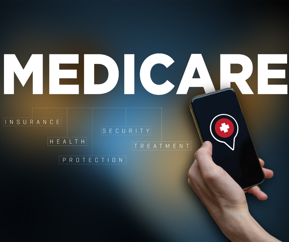 Hand holding a phone with a location symbol for medical services on the screen and words about Medicare around it.