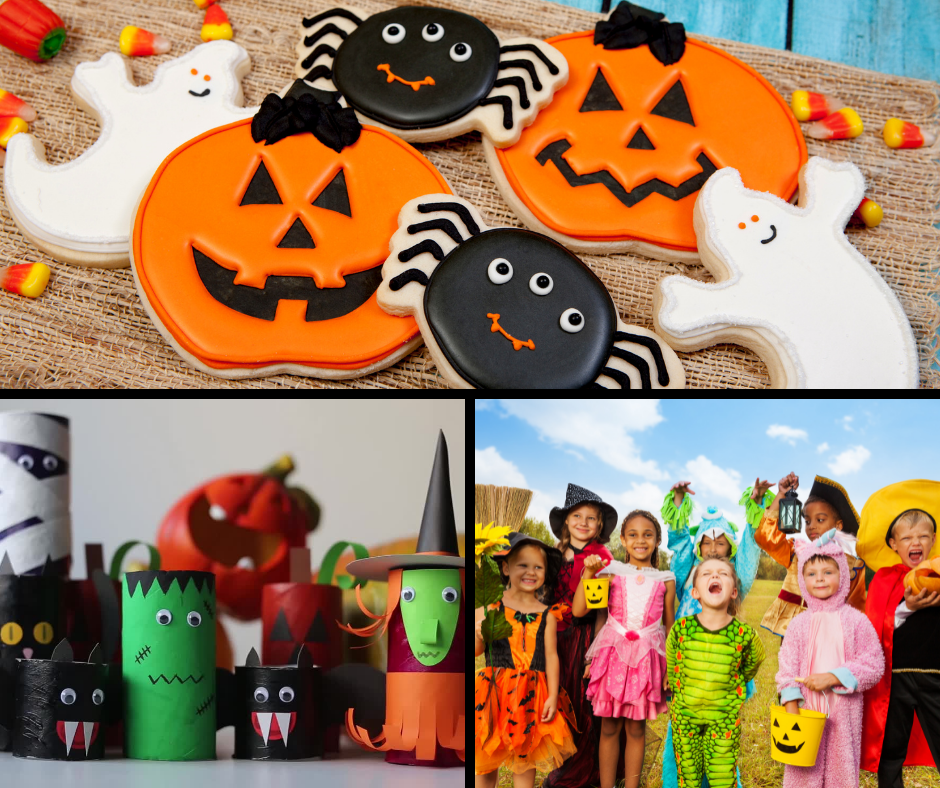 Photo collage of Halloween cookies, crafts and kids in costumes.