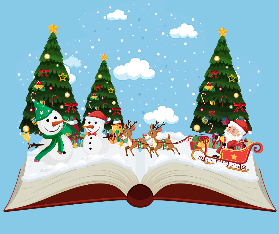 Illustration of a Christmas scene with Santa, Reindeer, Snowmen and Chrismas Trees popping out of a book.
