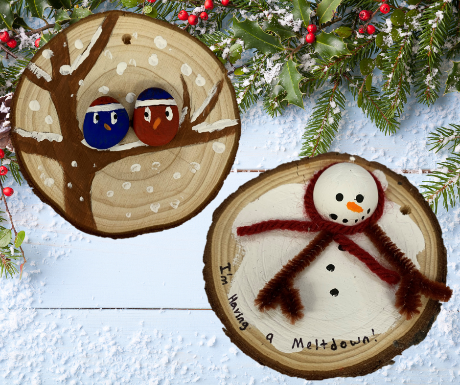 2 Wood Slice Ornaments on a Christmasy Background