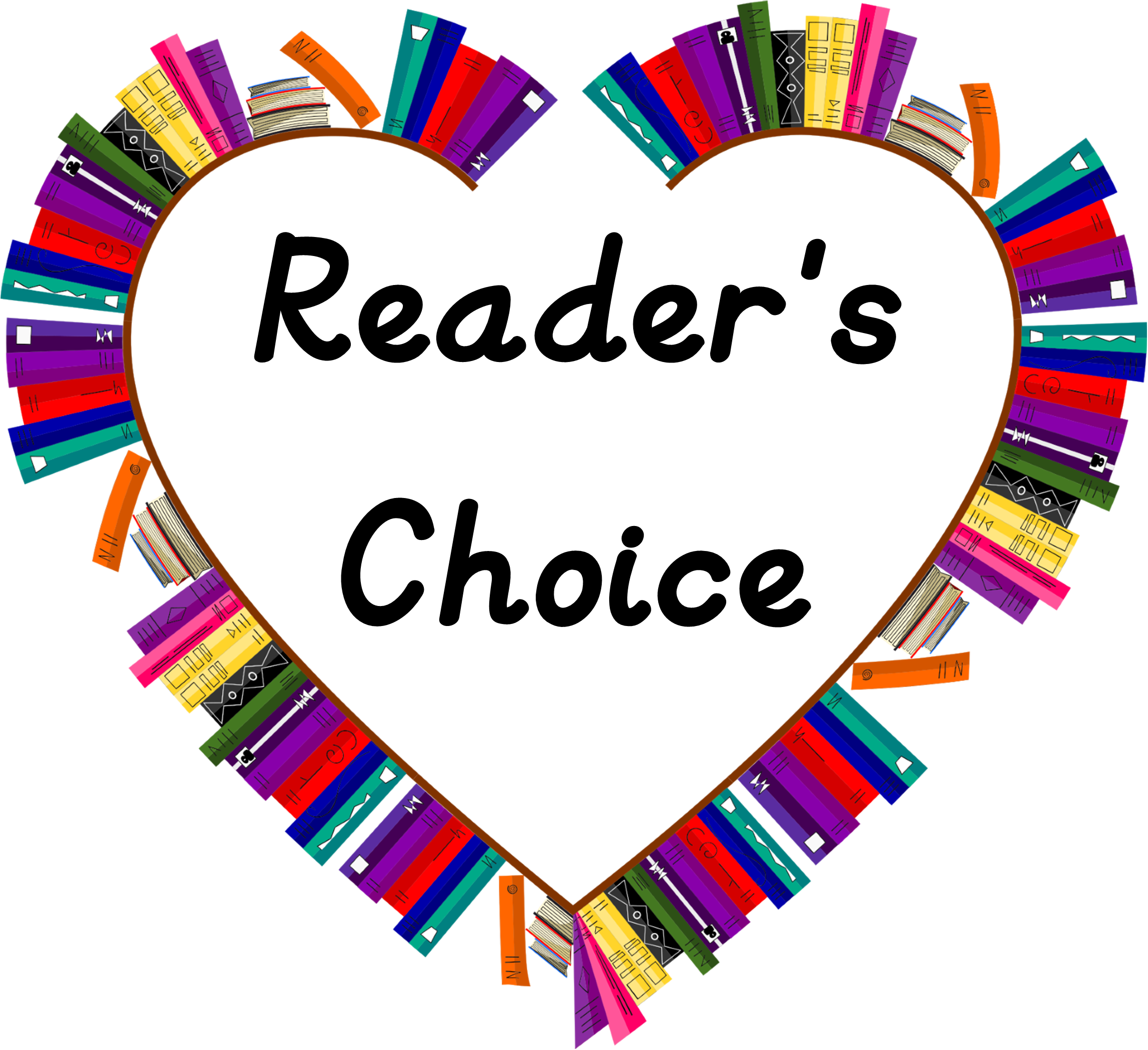 Illustration of books on book shelves in the shape of a heart around the words Reader's Choice.