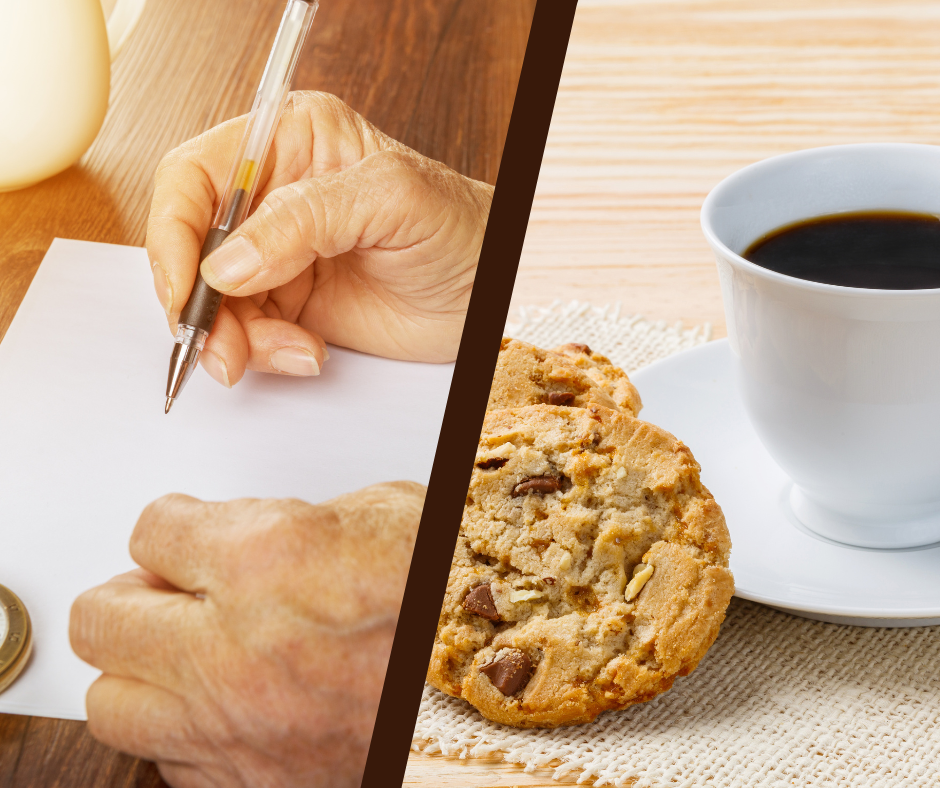 Split image of a hand holding a pen over paper and a cup of coffee with cookies.