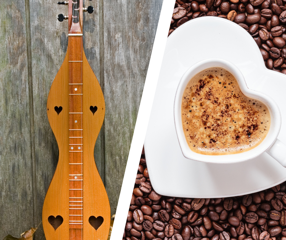 Split image of a dulcimer and coffee