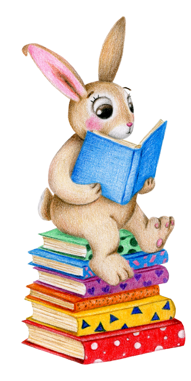 Illustration of a rabbit sitting on a pile of books and reading one book.