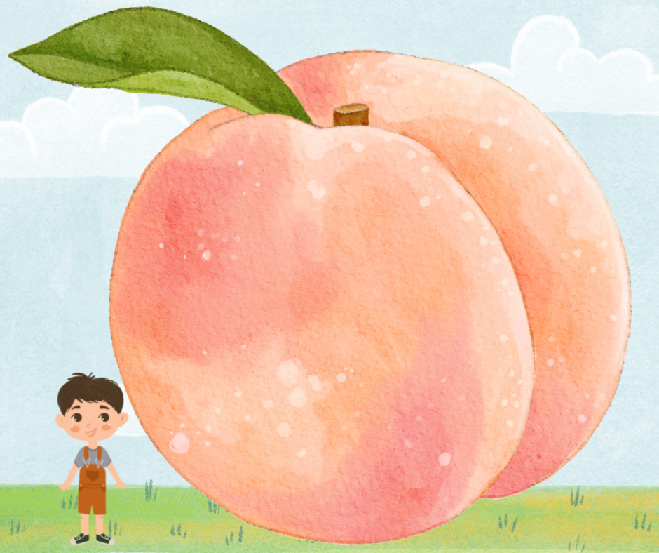 Illustration a small boy standing next to a large peach.