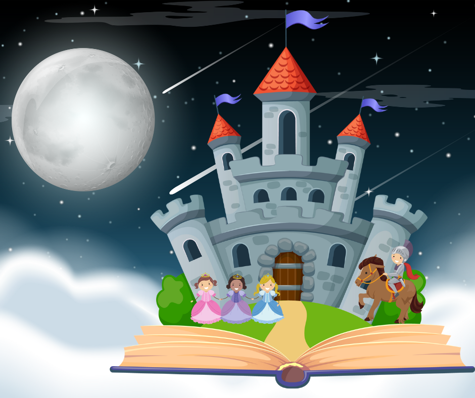 Illustration of a night sky with an open book that has a castle and princesses and a knight popping out of it.