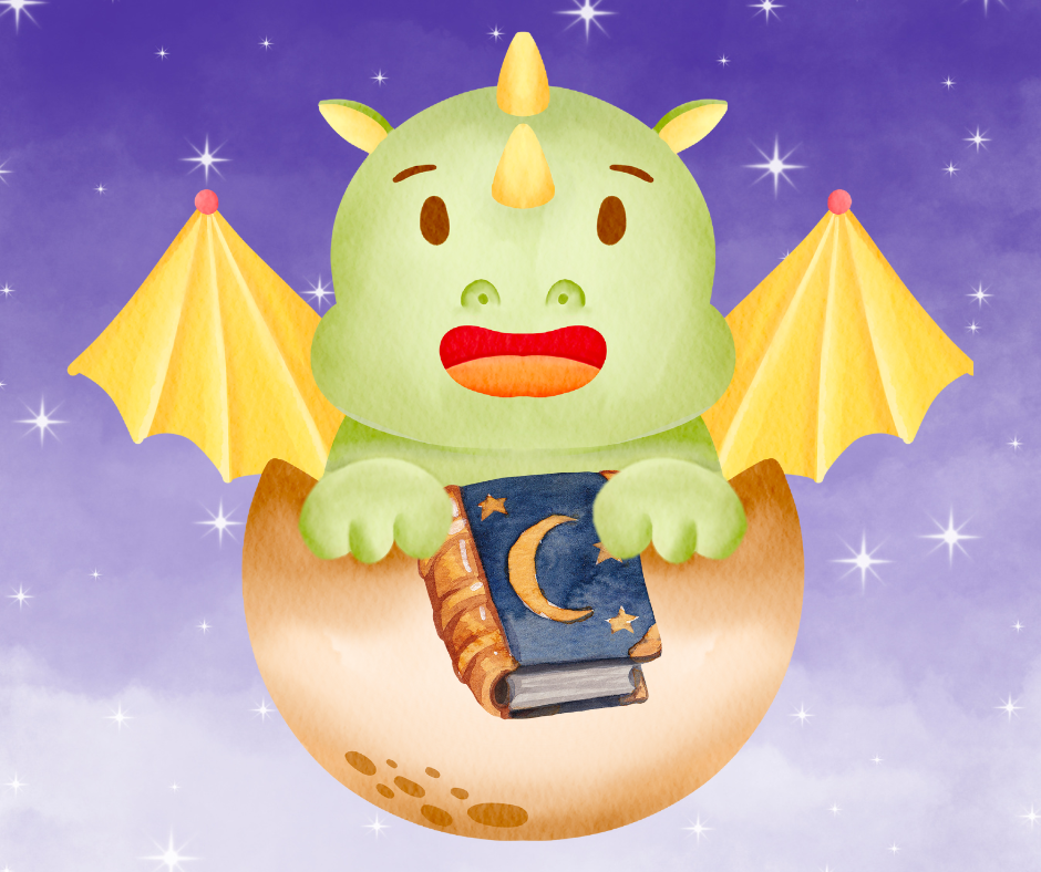 Baby dragon in an egg holding a book.