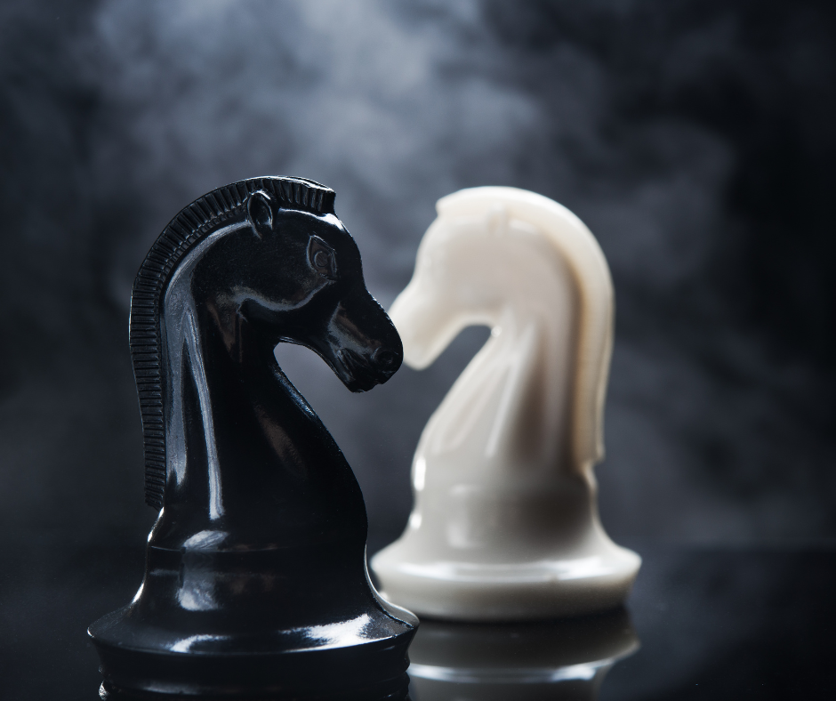 Photo of a black and white knight chess piece with a smoky background.