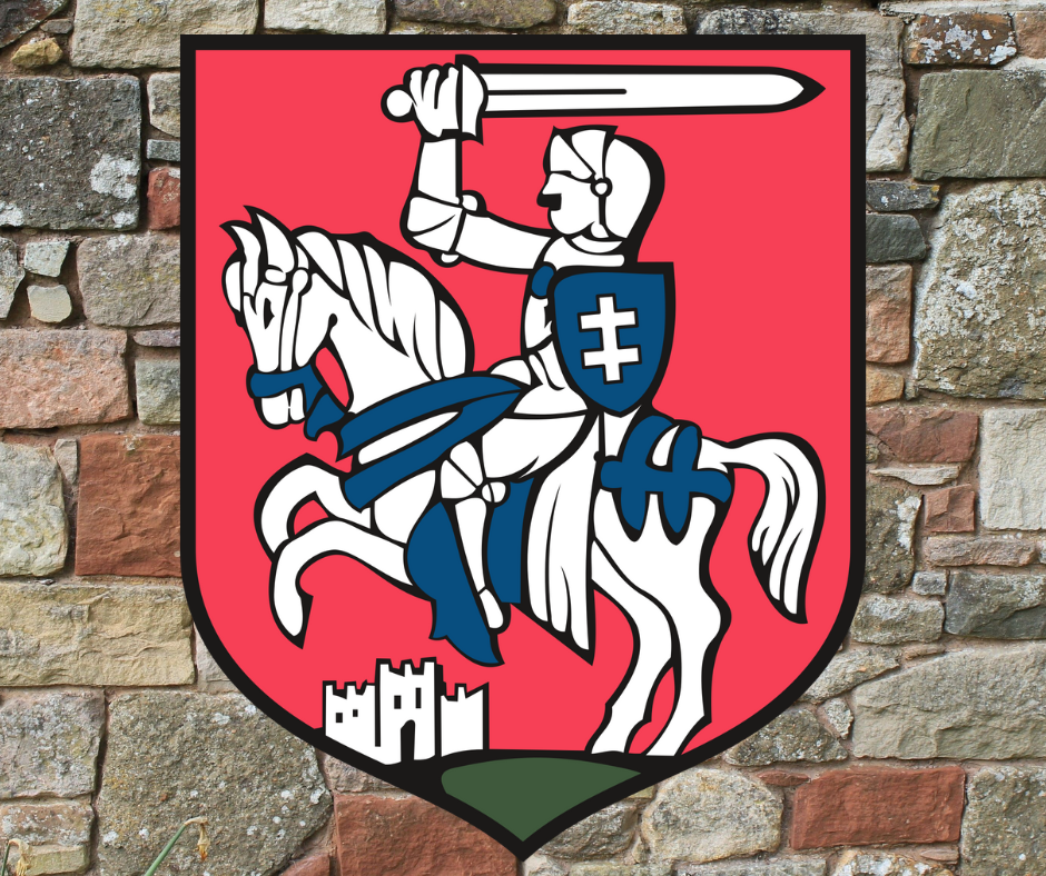 An illustration of a coat of arms on a brick wall.
