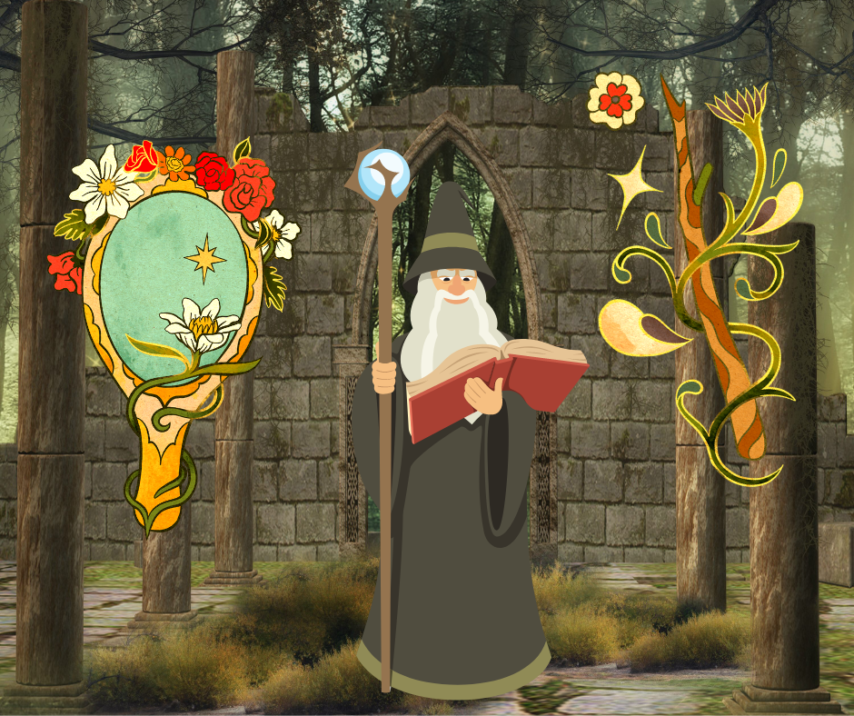 Illustrations of a magic mirror, a fairy wand, and a wizard superimposed over a photo of a fantasy forest.