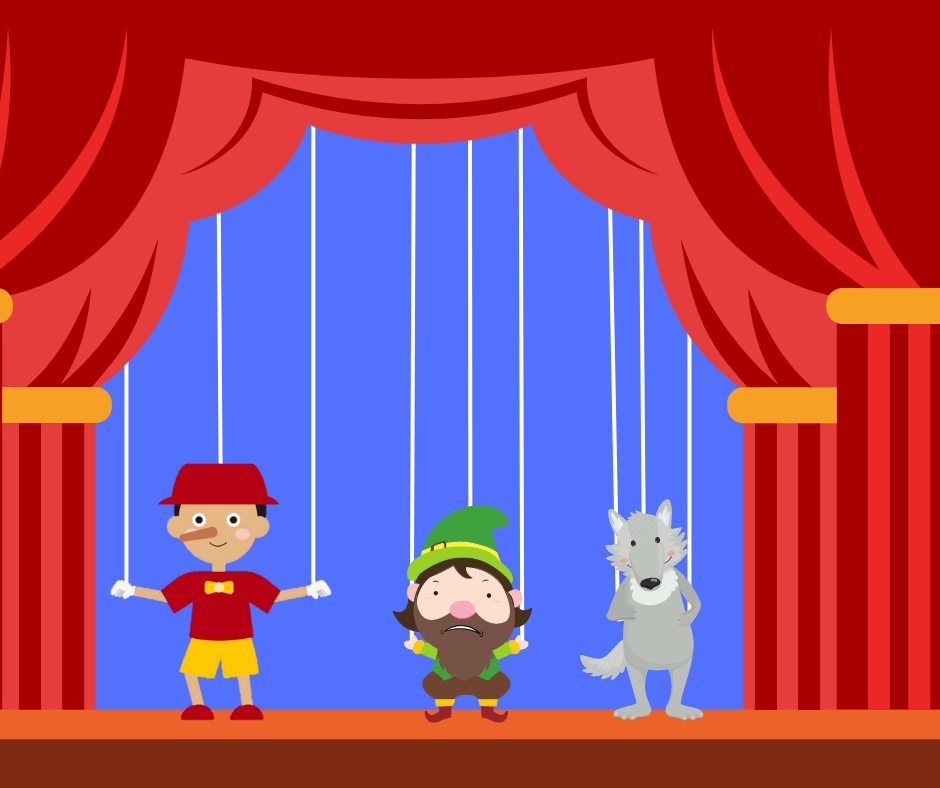 Illustration of a Pinocchio, Rumpelstiltskin, and a wolf puppet on a stage.