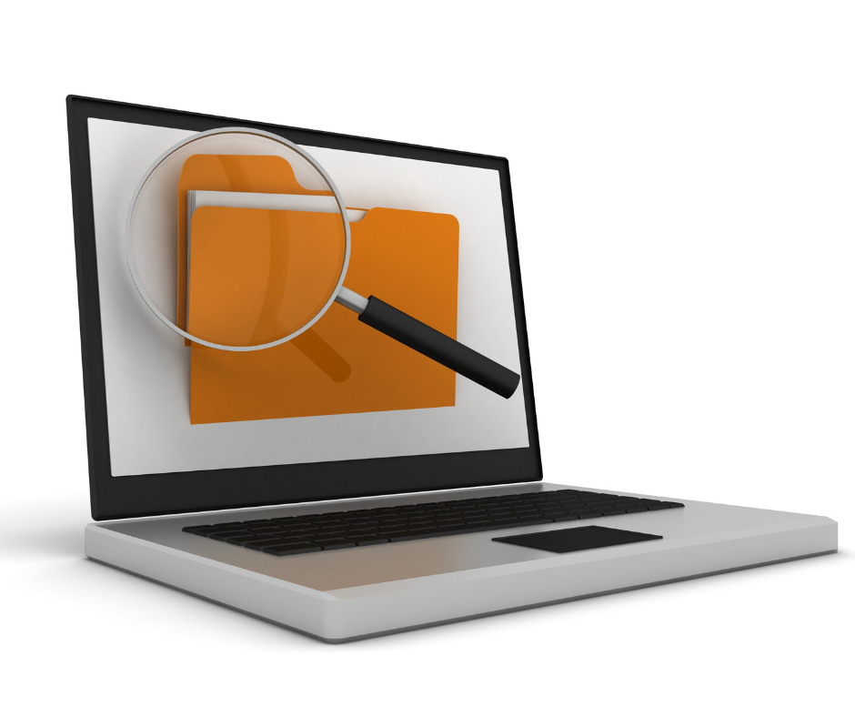 Illustration of a laptop with a large file and a magnifying glass on the screen.