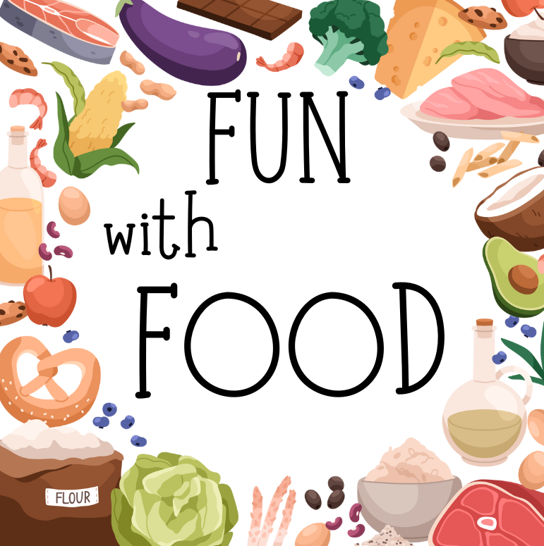 Illustration of different types of food around the words "FUN with FOOD"
