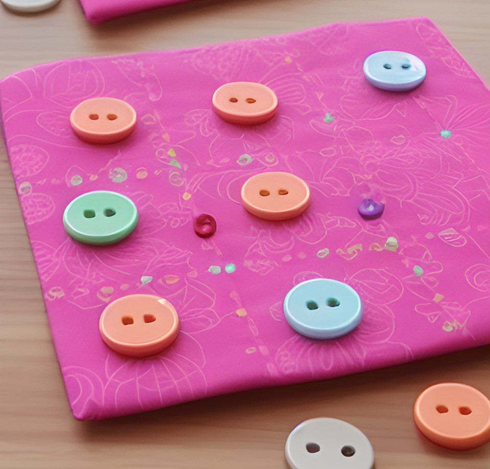 Ai image of a fabric tic tac toe board with button markers 