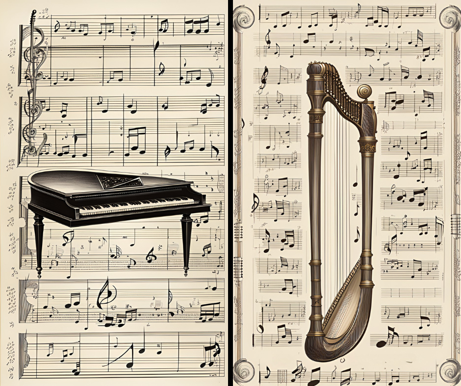 Side by side images of a harpsichord and a harp overlaid on sheet music.