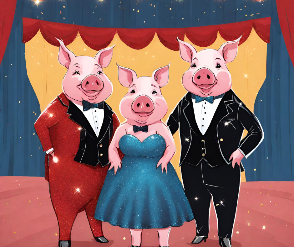 Cartoon of 3 pigs dressed in fancy suits and dress on a stage with curtain.