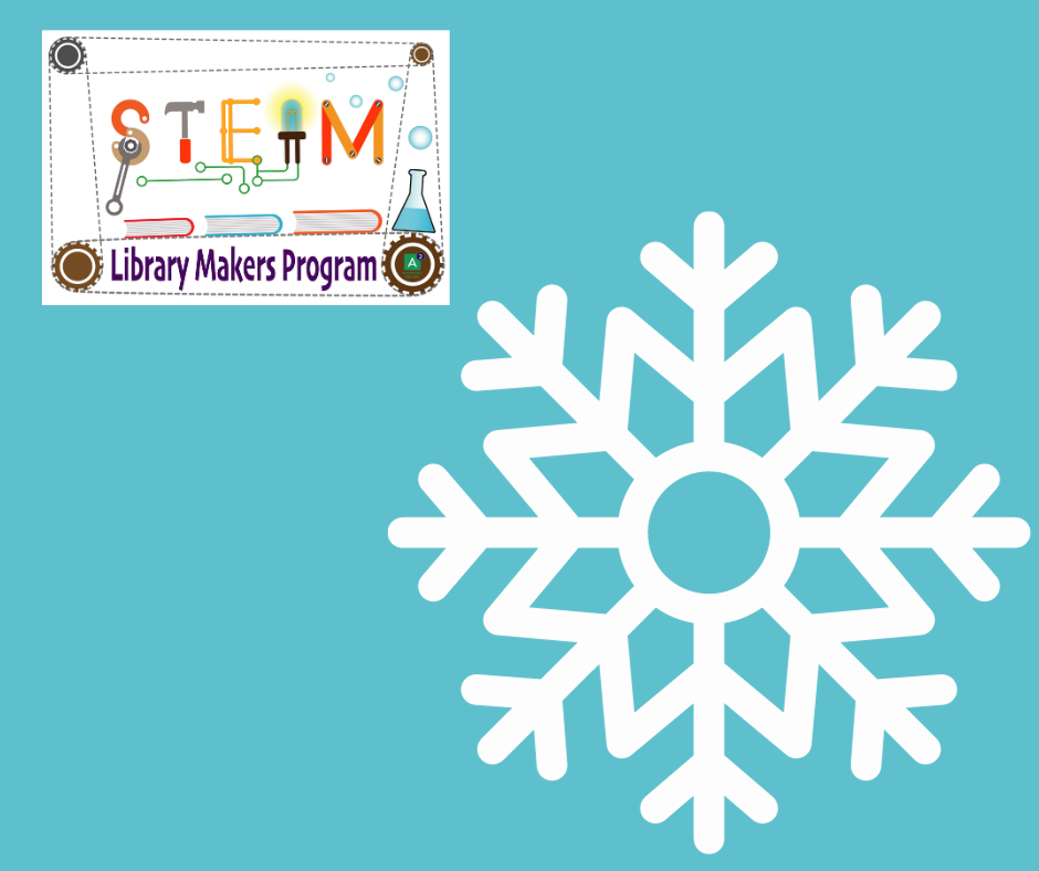 STEAM Library Makers logo and a snowflake on a blue background