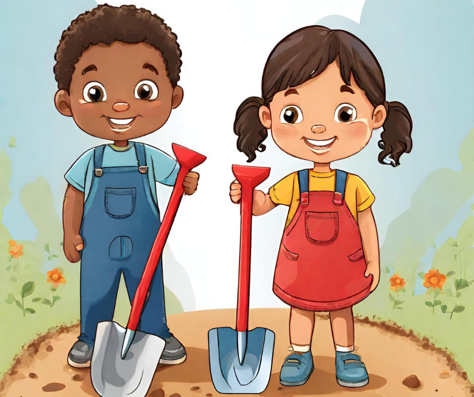 AI image of two small children holding shovels in a garden.
