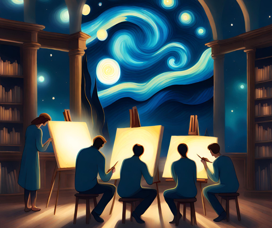 AI image of a group of people painting canvases in a library with Van Gogh's Starry Night as a backdrop.