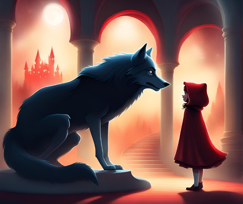 AI illustration of Little Red Riding Hood and the Big Bad Wolf on stage