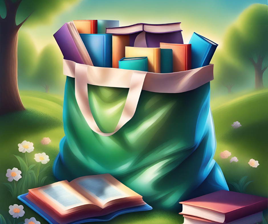 AI image of a plastic bag filled with books in a spring forest.
