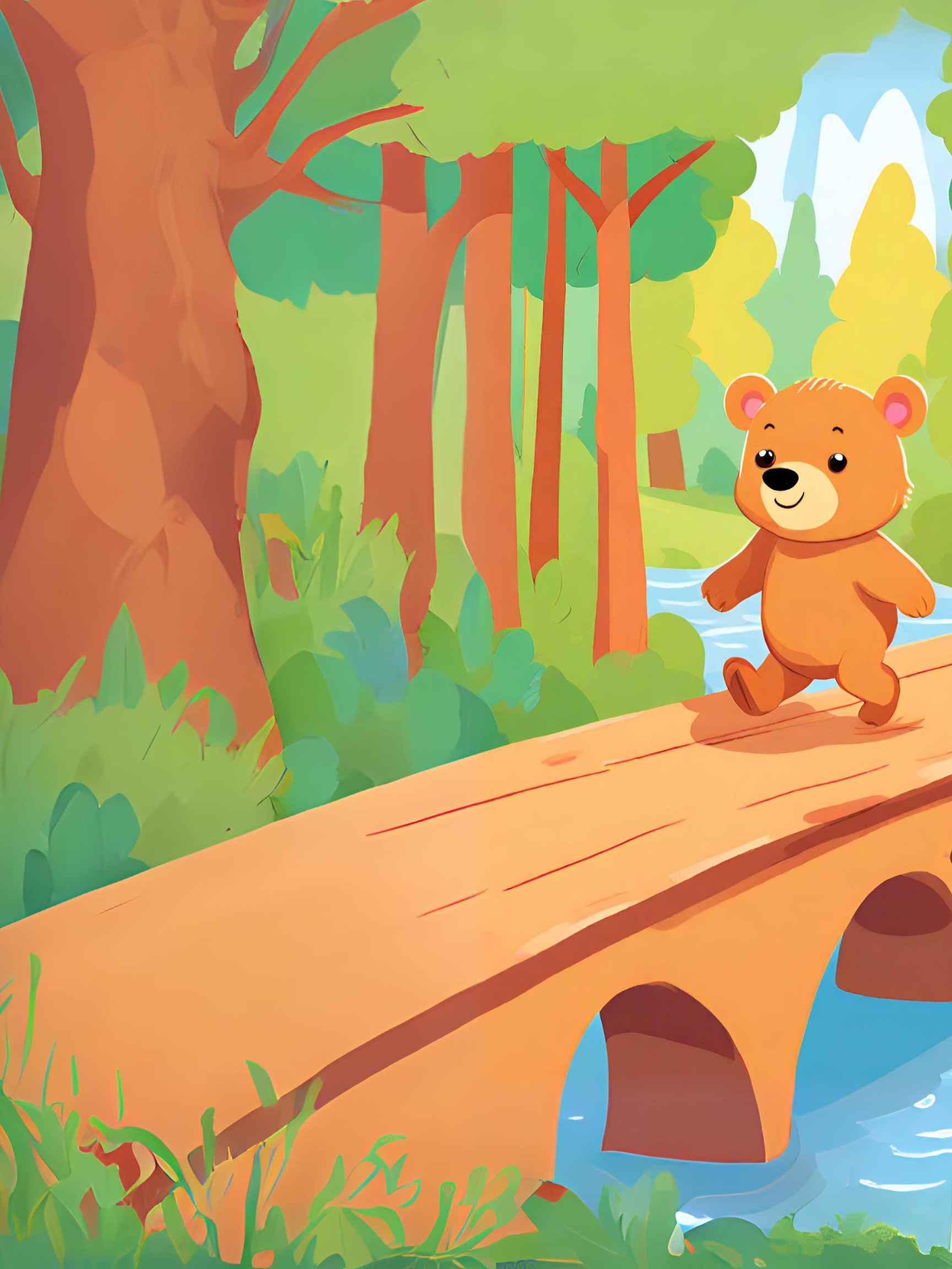 AI illustration of a bear crossing a bridge
