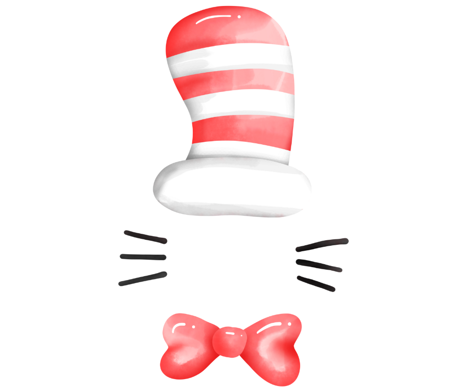 Watercolor Cat in the Hat hat, bow tie, and whiskers.