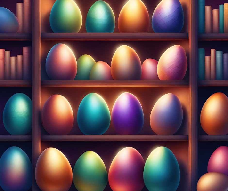Easter Eggs on the shelves at a library
