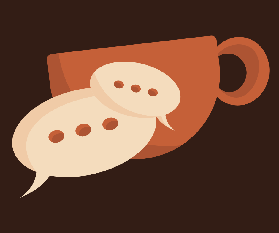 Illustration of a tan coffee cup and conversation bubbles on a dark brown background.