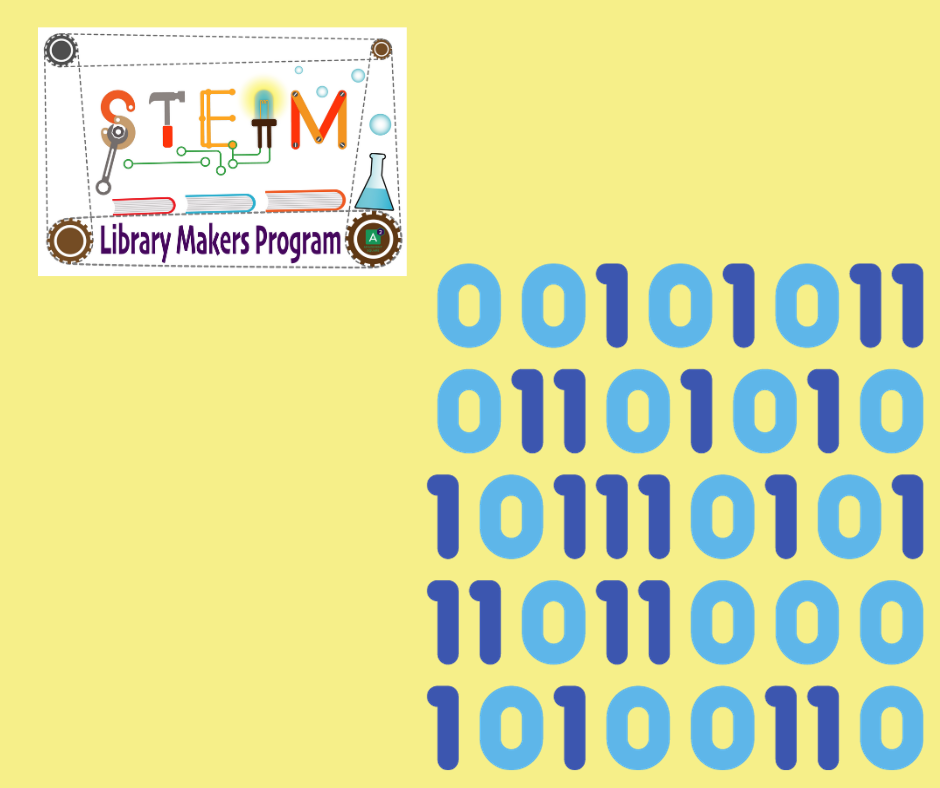 STEAM LIBRARY MAKERS LOGO WITH 1S AND 0S