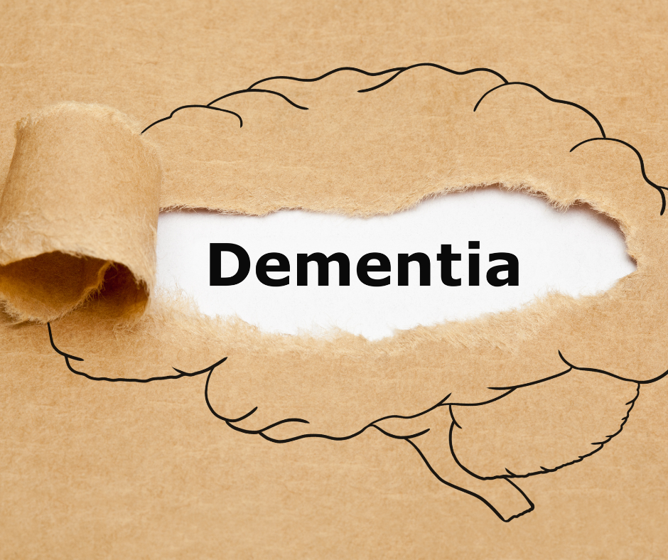 Brain drawn on brown paper with a piece ripped back to reveal the word Dementia.