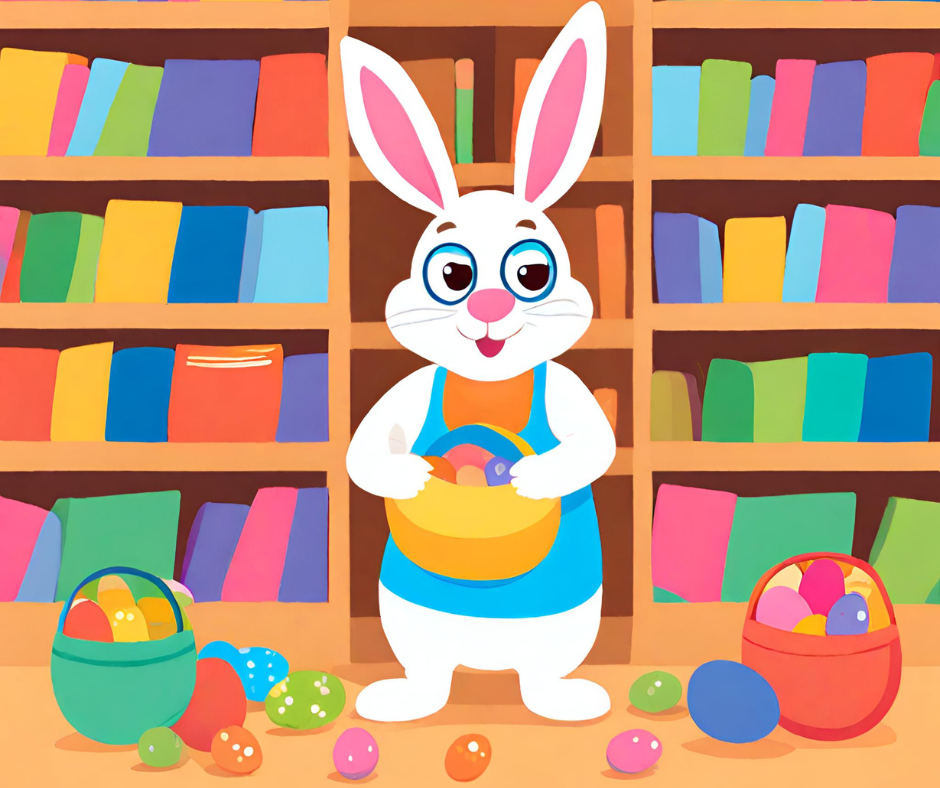 Easter bunny hiding eggs in the library