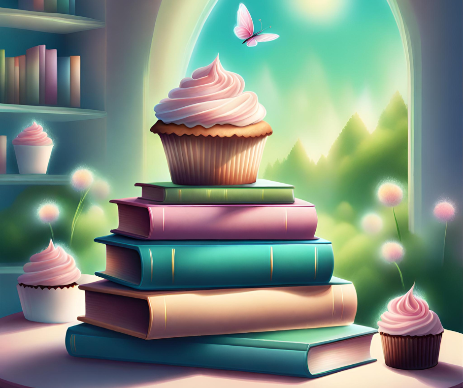 AI illustration of cupcakes and books and a butterfly