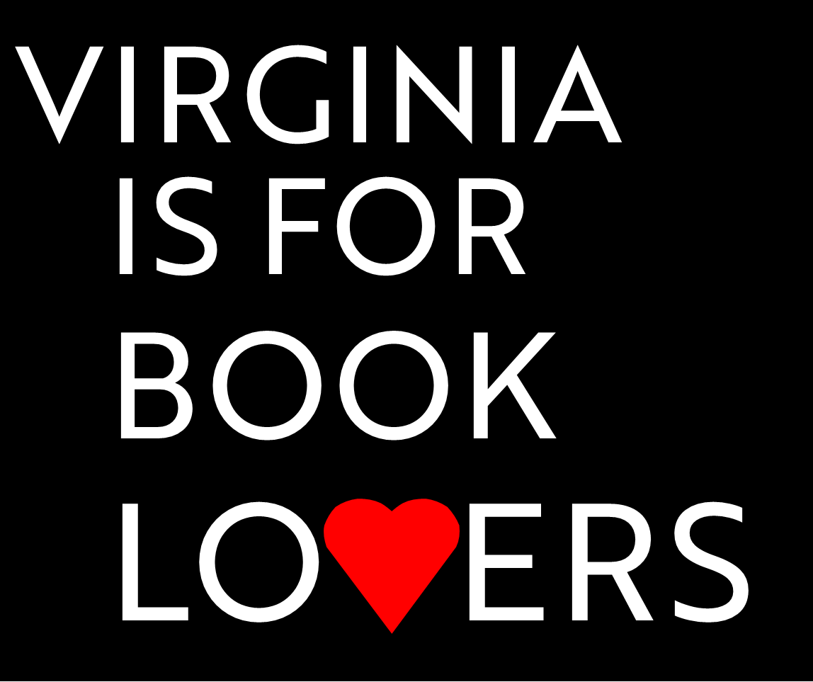 Black square with the words Virginia is for Book Lovers written in white with a red heart in place of the V.