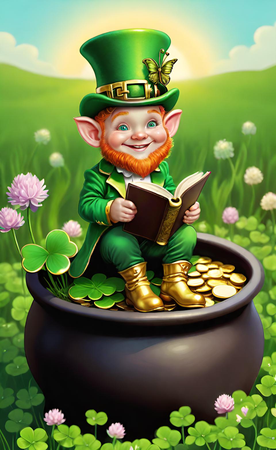 Leprechaun sitting on a pot of gold reading a book in a field of clover.