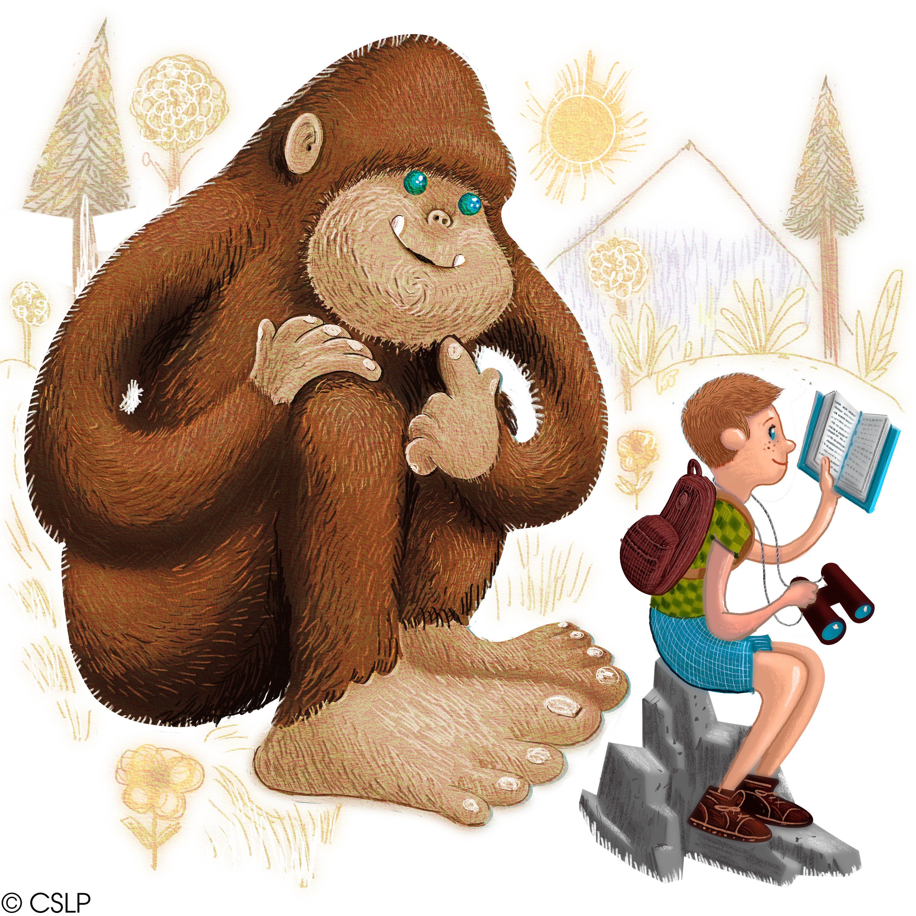 CSLP graphic of a big foot looking over the shoulder of a child reading a book.
