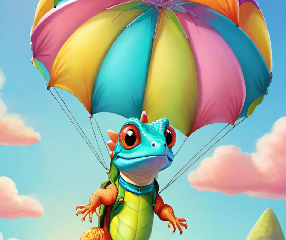 AI illustration of a reptile parachuting in the sky