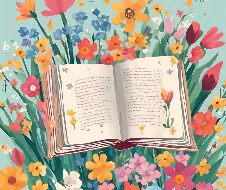 AI illustration of an open book surrounded by a bouquet of Spring Flowers.