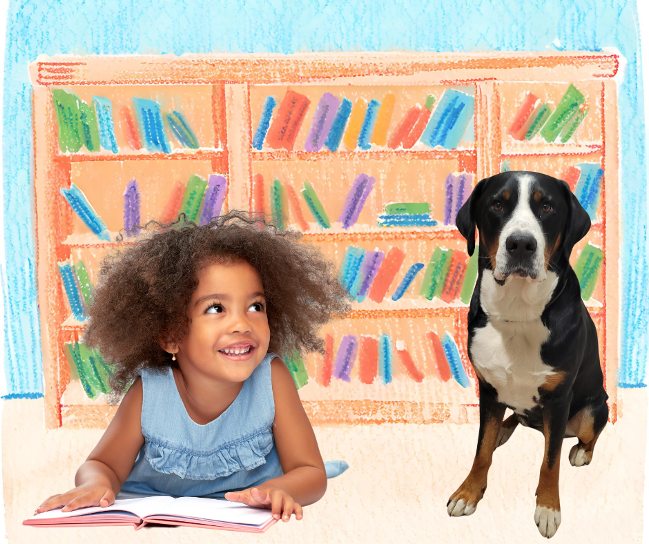Photo of a little girl looking over at a dog superimposed over a color pencil book shelf drawing,