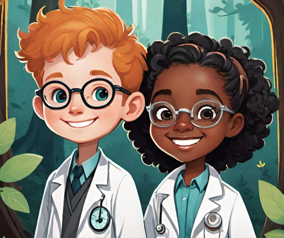 AI illustration of two children dressed in lab coats in the woods.